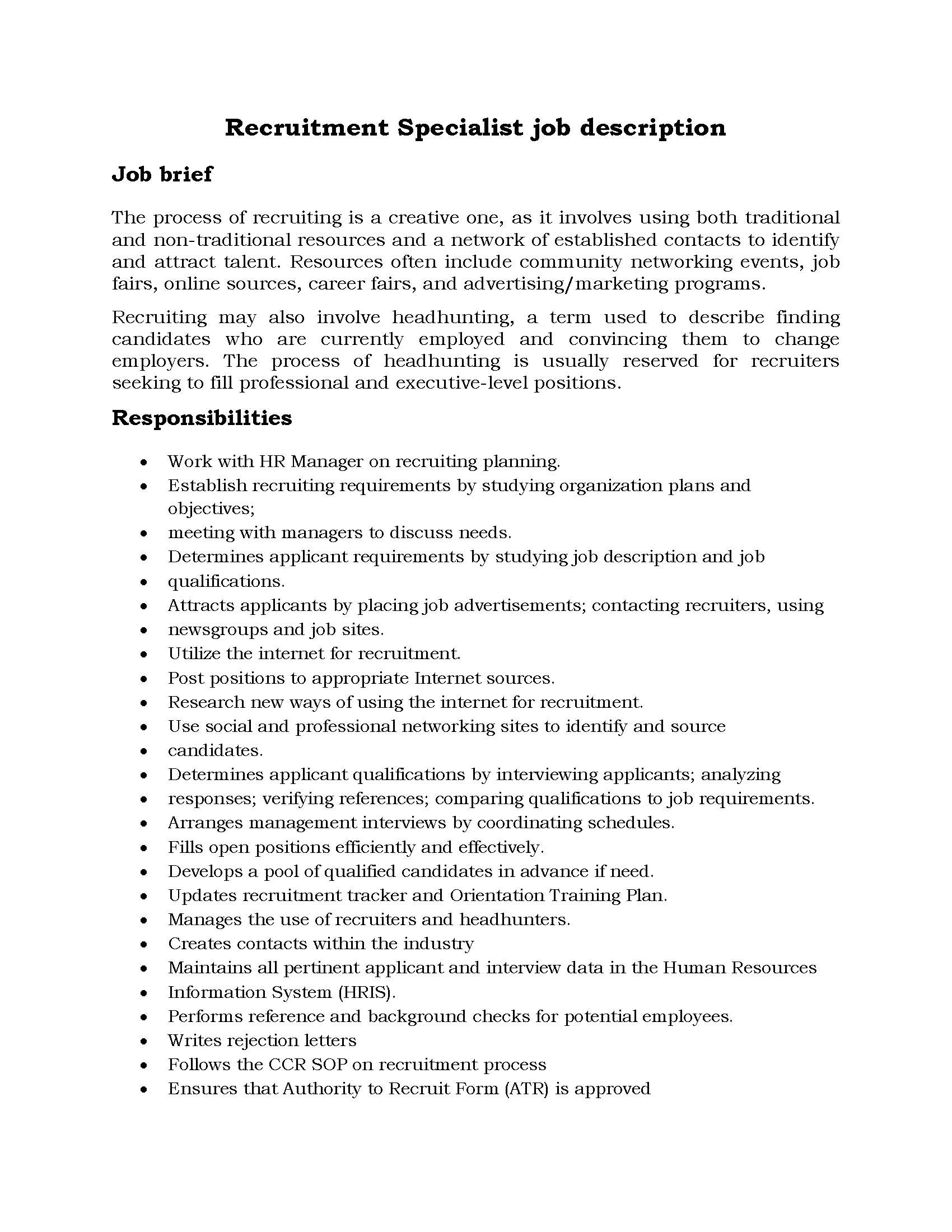 104-Recruitment Specialist job description